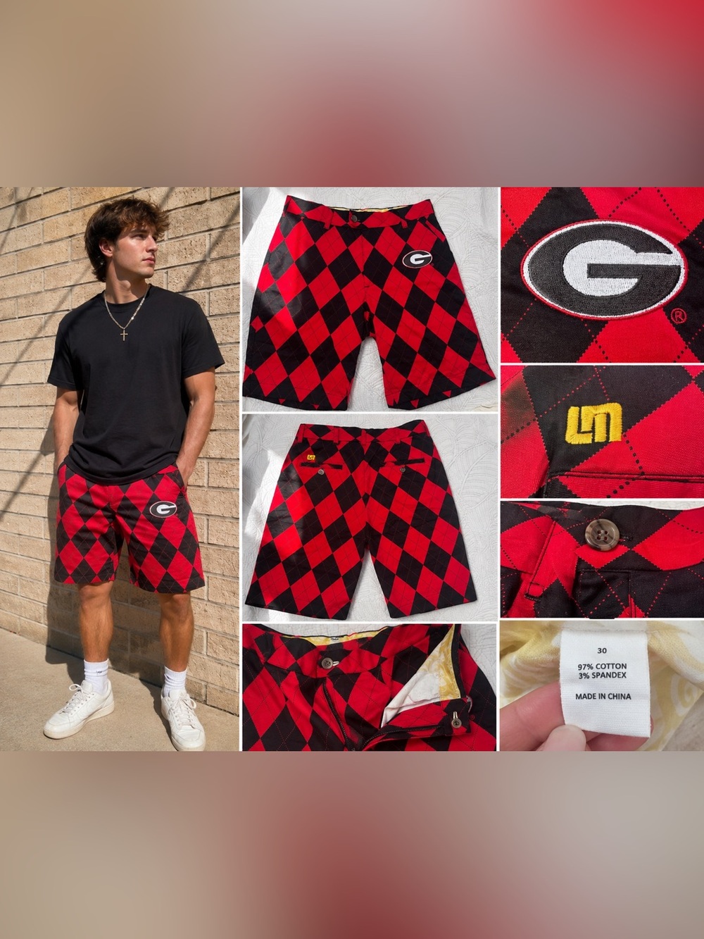 Georgia Bulldogs UGA Red Black Argyle Men’s Size 30 Embroidered G LoudMouth